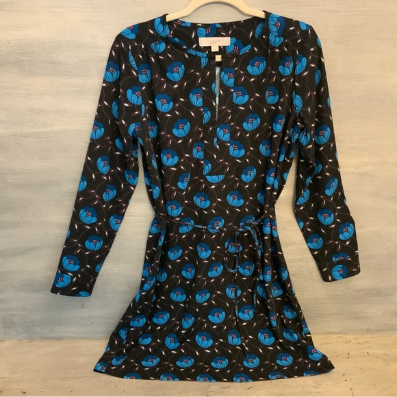 LOFT Dresses & Skirts - LOFT Black Blue Floral Print Shirt Dress Medium Band Collar Like New